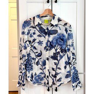 Craig Taylor Womens Size Large Blue and White Floral Blouse Lightweight Piper